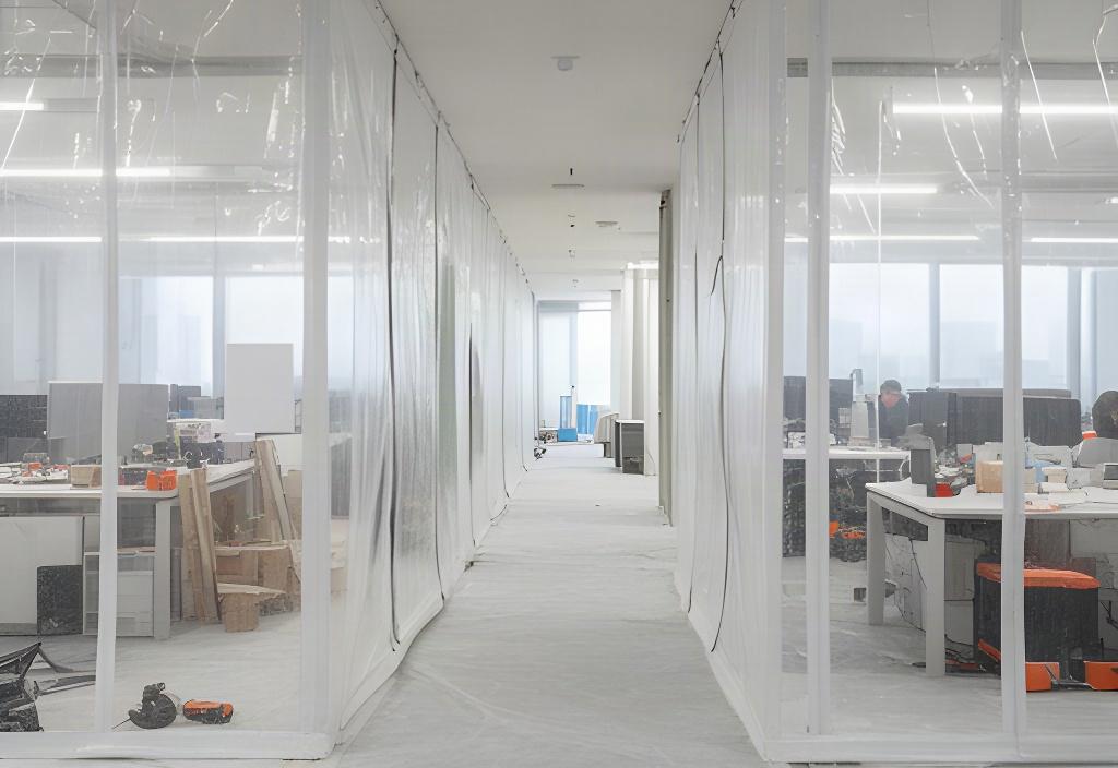 Commercial renovation separated from an occupied workplace by temporary dust barriers, with a protected walkway and organized work zone